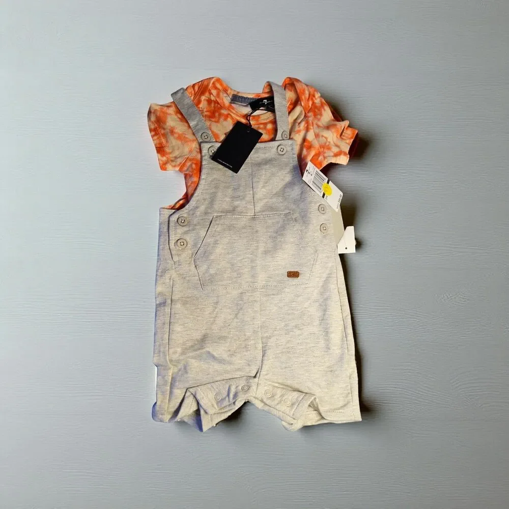 7 for all Mankind size 18 mos boys gray overall and orange tie-dye shirt set NWT